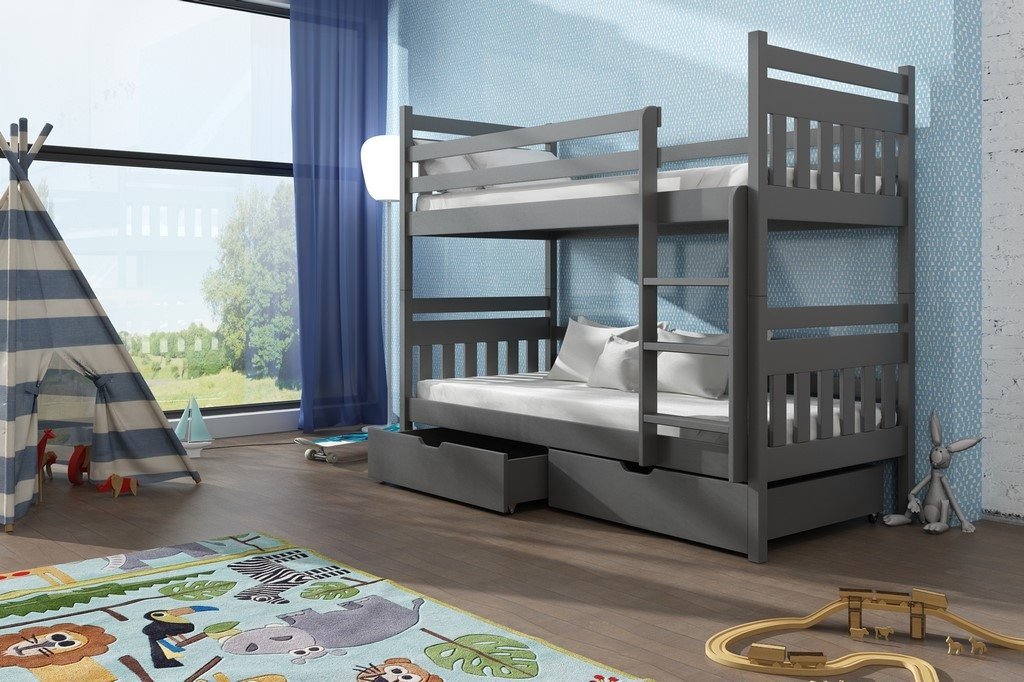 Single (3ft) Solid Pine Bunk Bed with 2 Storage Drawers Graphite Foam Mattresses