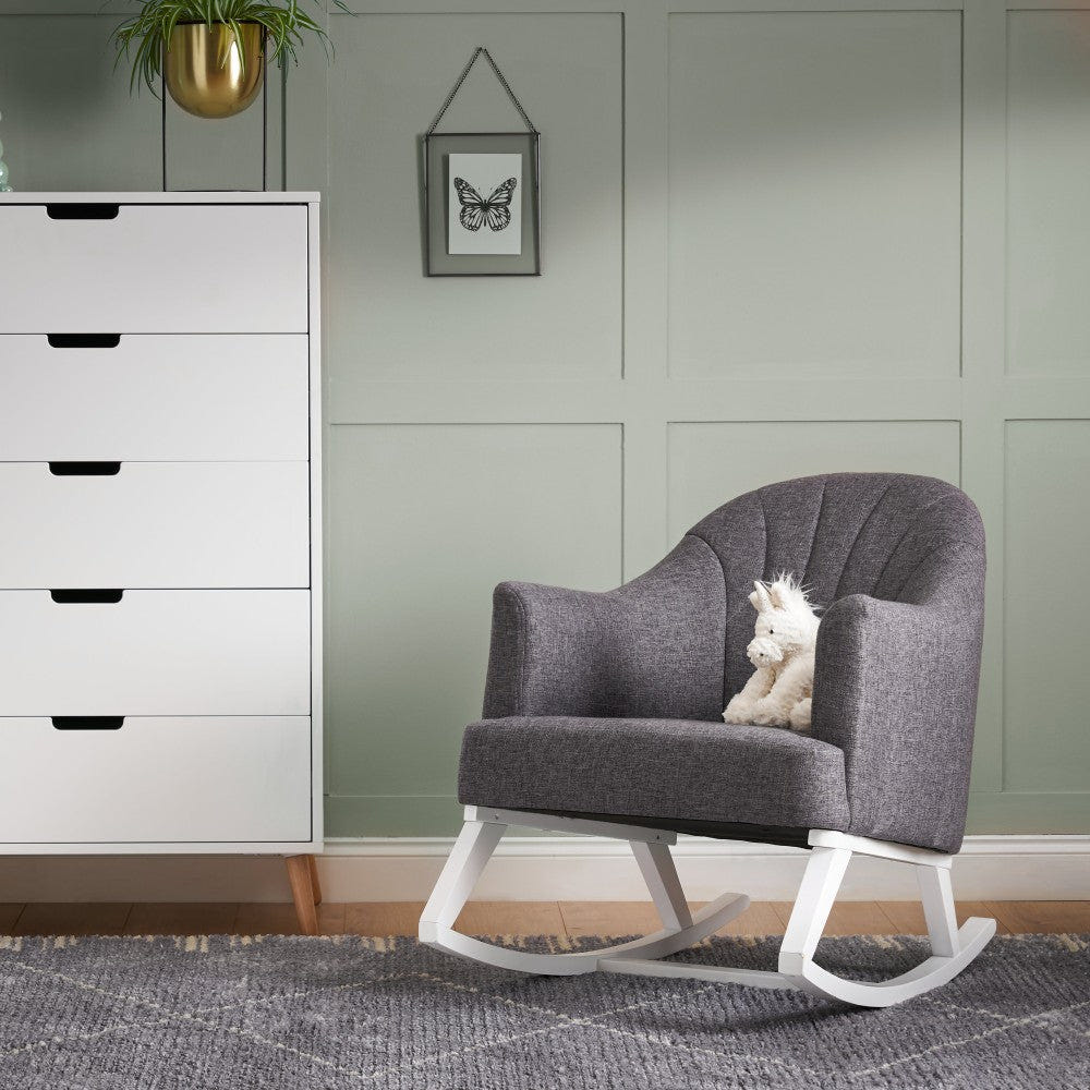 Round Back Nursery Rocking Chair – Dark Grey | Solid Wood Frame Nursing Rocker Foam Cushions