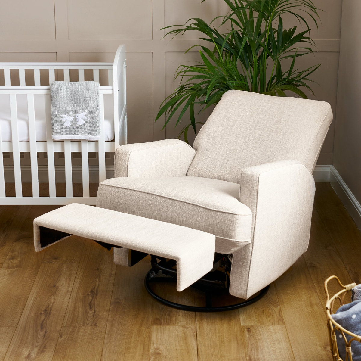 Madison Swivel Glider Recliner Nursing Chair – Oatmeal | 360° Swivel Reclining Nursery Chair