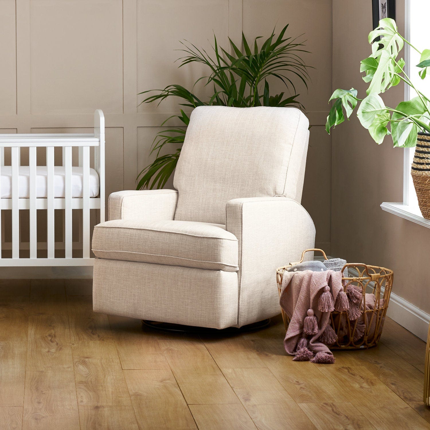 Madison Swivel Glider Recliner Nursing Chair – Oatmeal | 360° Swivel Reclining Nursery Chair