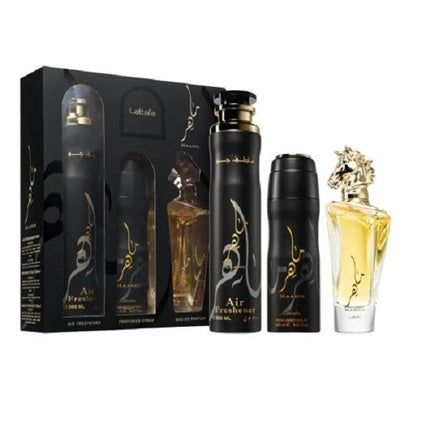 Lattafa Perfumes Maahir Gift Set 100ml EDP + 200ml Perfumed Body Spray + 300ml Air Freshener