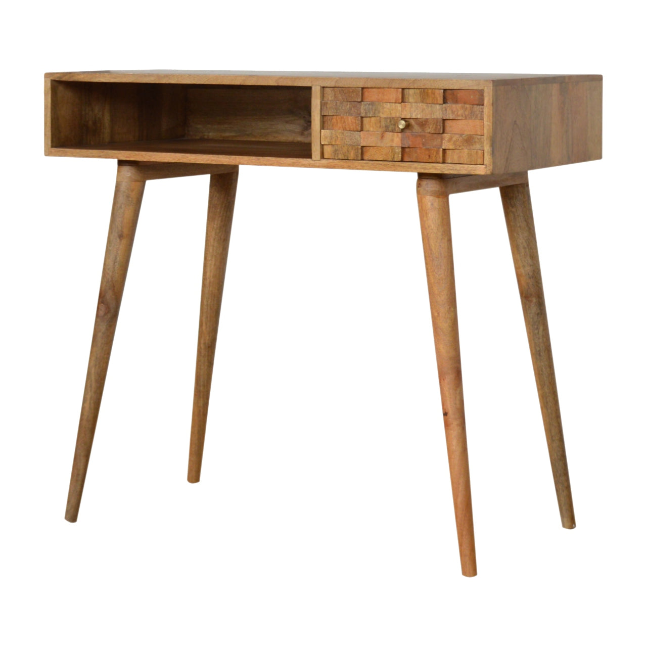 Tile Carved Open Slot Writing Desk | Oak Solid Mango Wood Hand-Carved