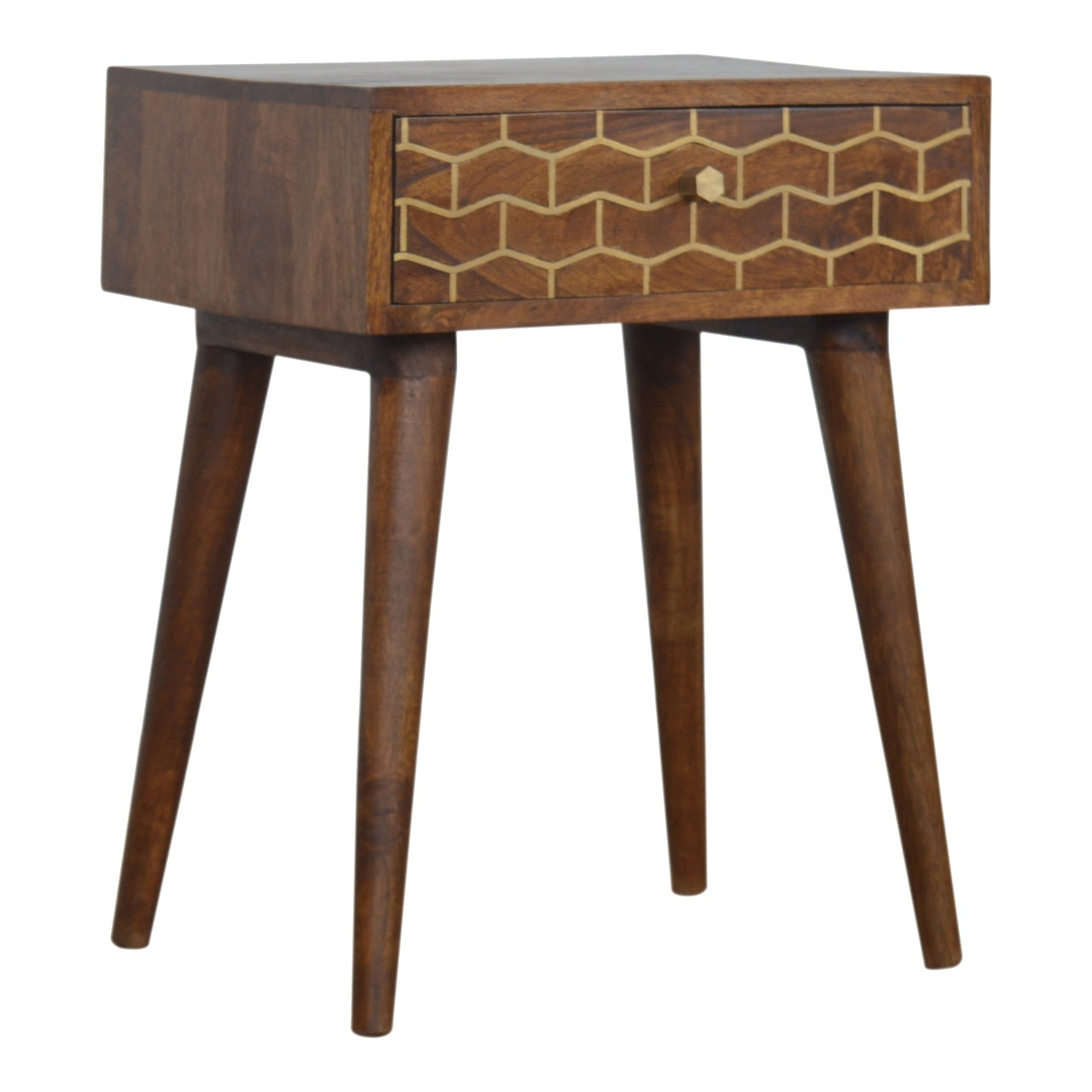 Gold Art Pattern Bedside Table | Chestnut Solid Mango Wood