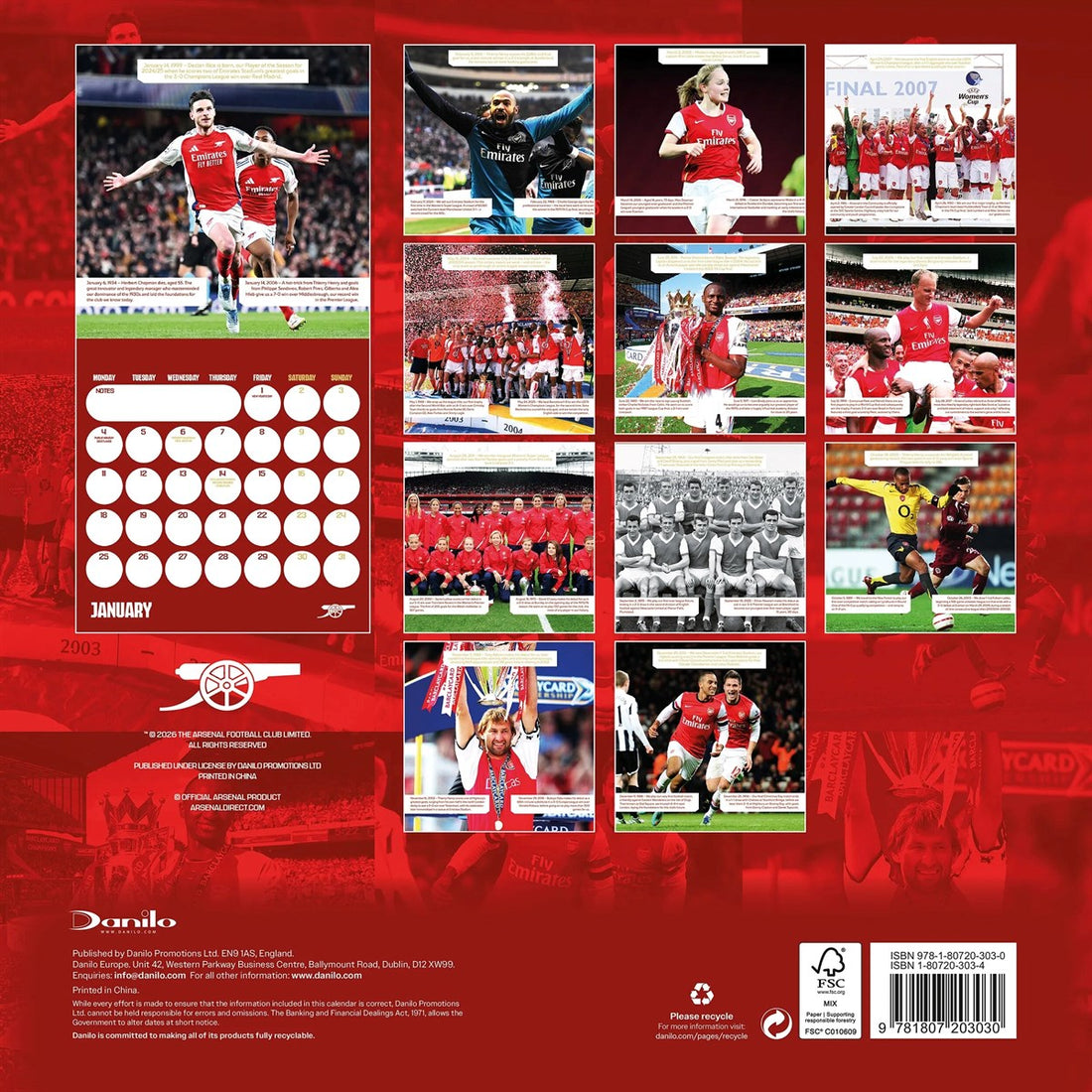 Arsenal FC Legends Square Calendar 2027, back cover showing every month's photo