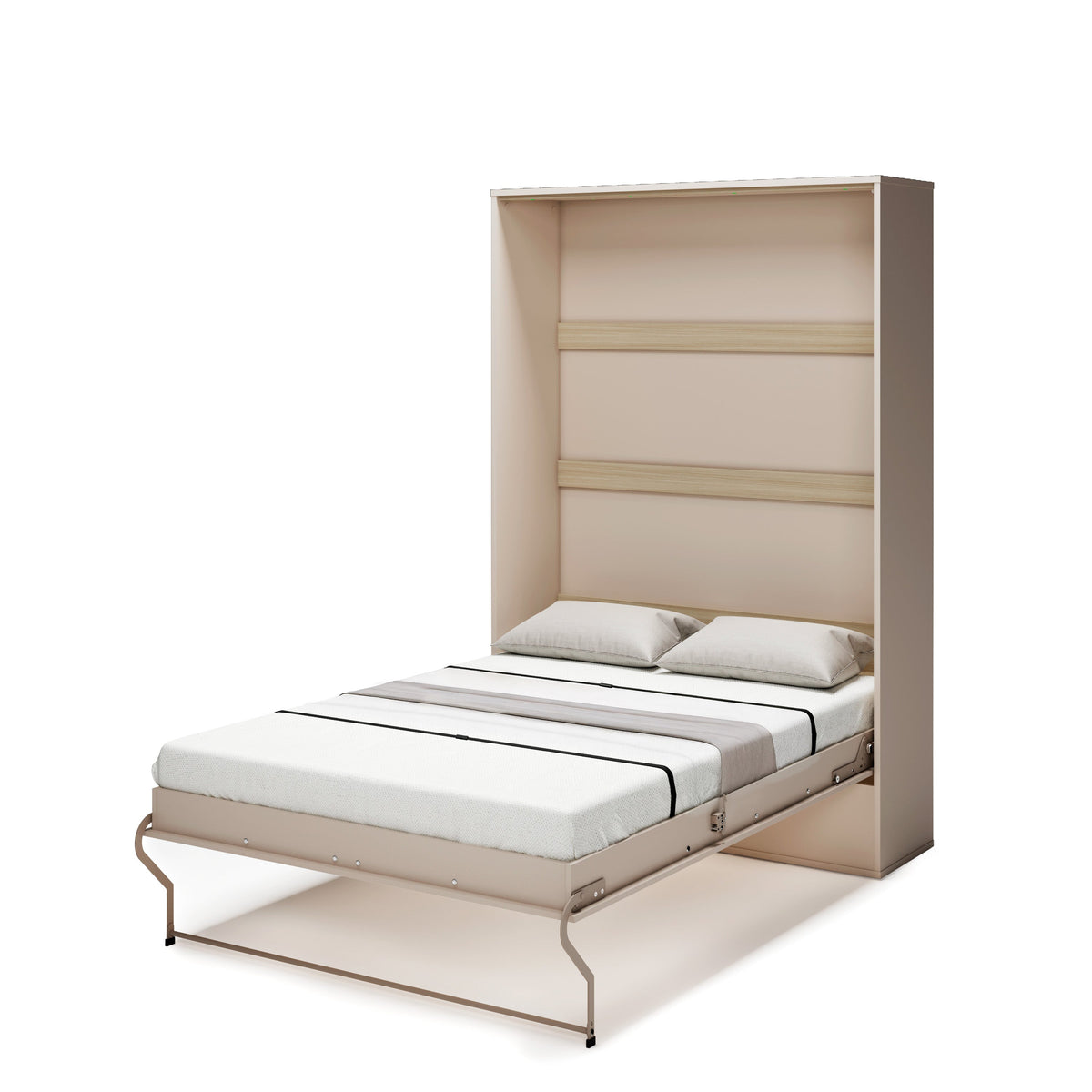 Double vertical wall bed in cashmere, open with oak-effect detail inside