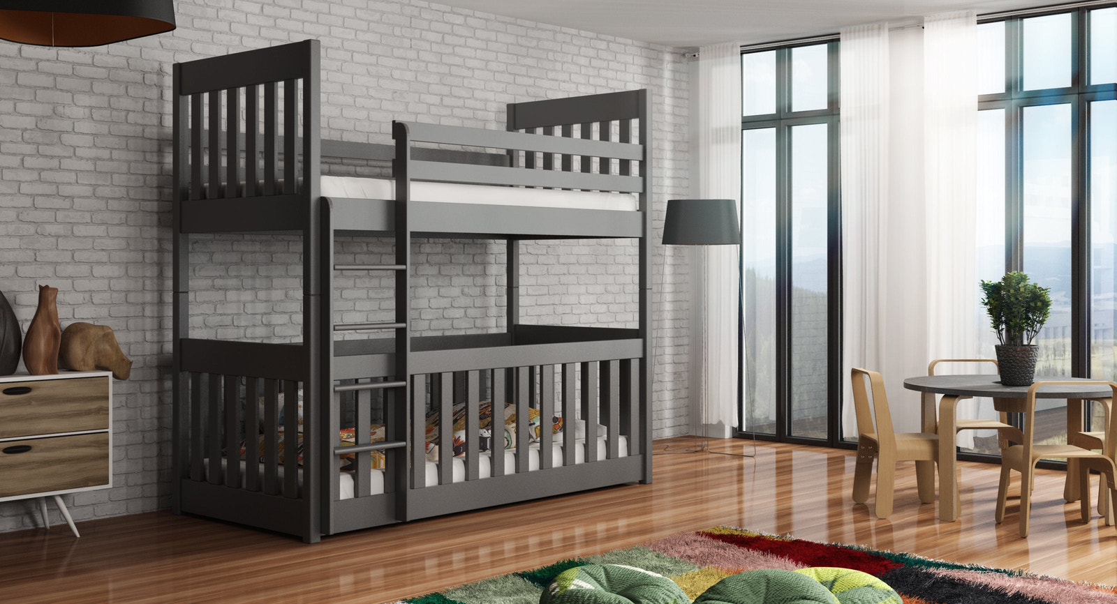 Solid Pine Bunk Bed with Toddler Cot Graphite