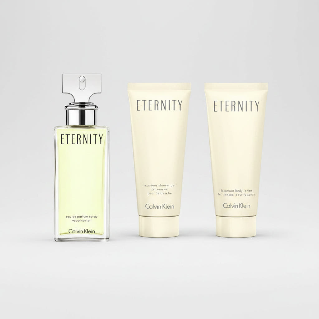 Calvin Klein Eternity gift set containing a 100ml eau de parfum spray bottle, a shower gel tube, and a body lotion tube, all in off-white packaging with black lettering, presented inside a gold-colored box.