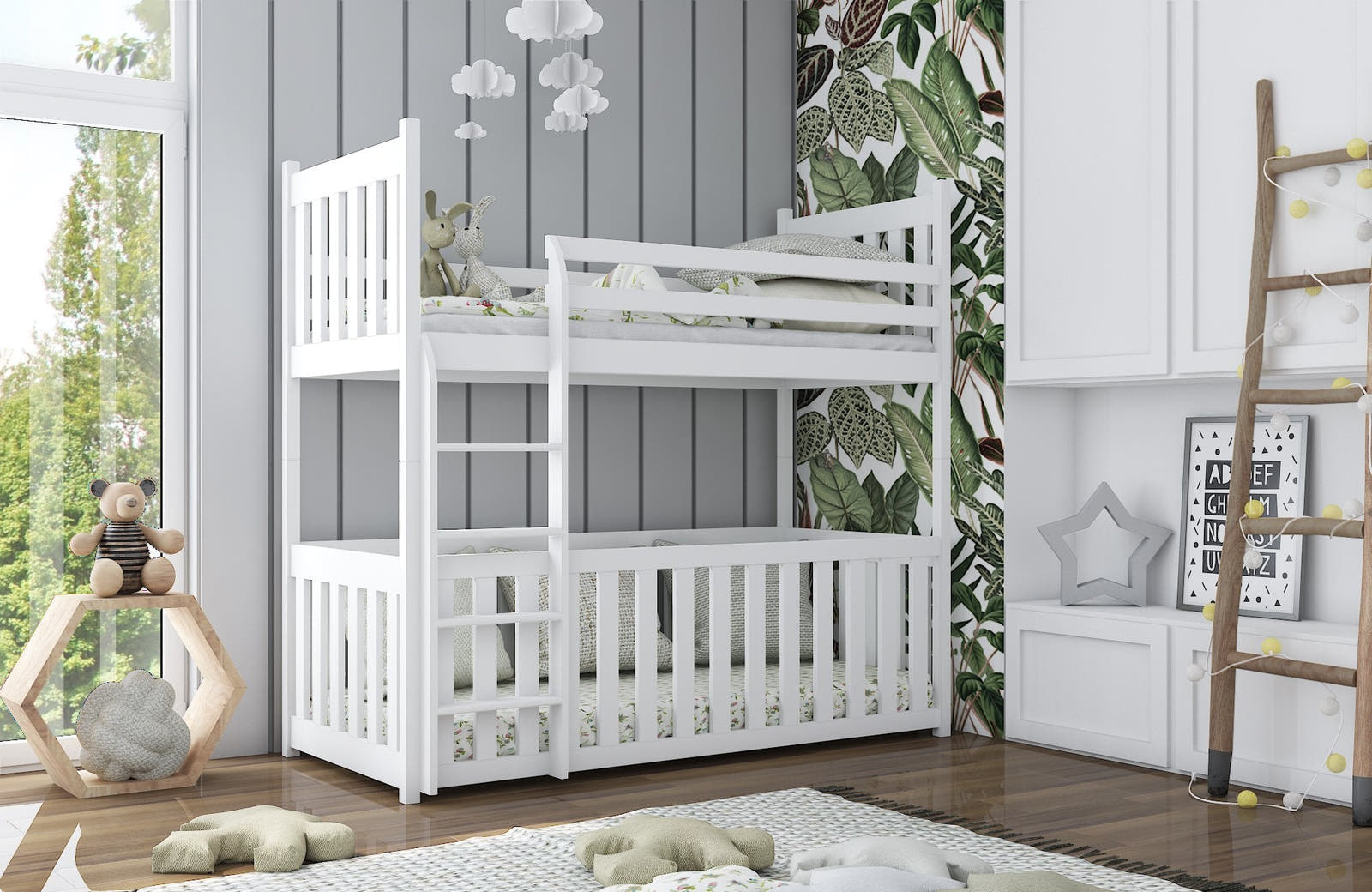 Solid Pine Bunk Bed with Toddler Cot – Single & Cot | Kids & Baby Bunk Bed 90kg Weight Limit White Matt