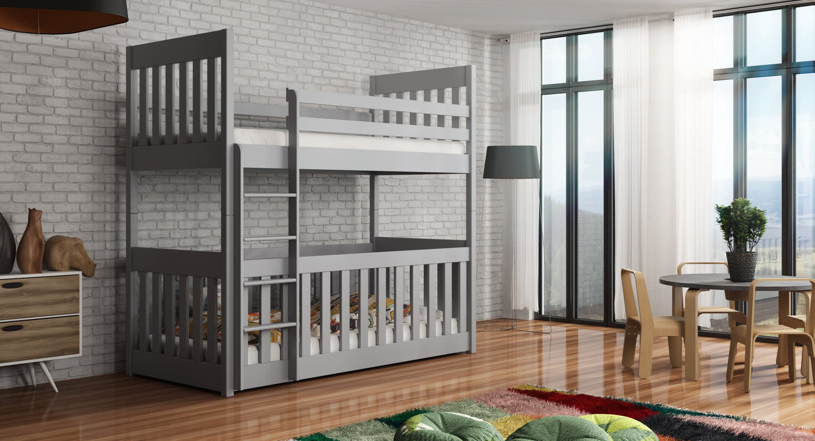 Solid Pine Bunk Bed with Toddler Cot – Single & Cot | Kids & Baby Bunk Bed 90kg Weight Limit Grey Matt