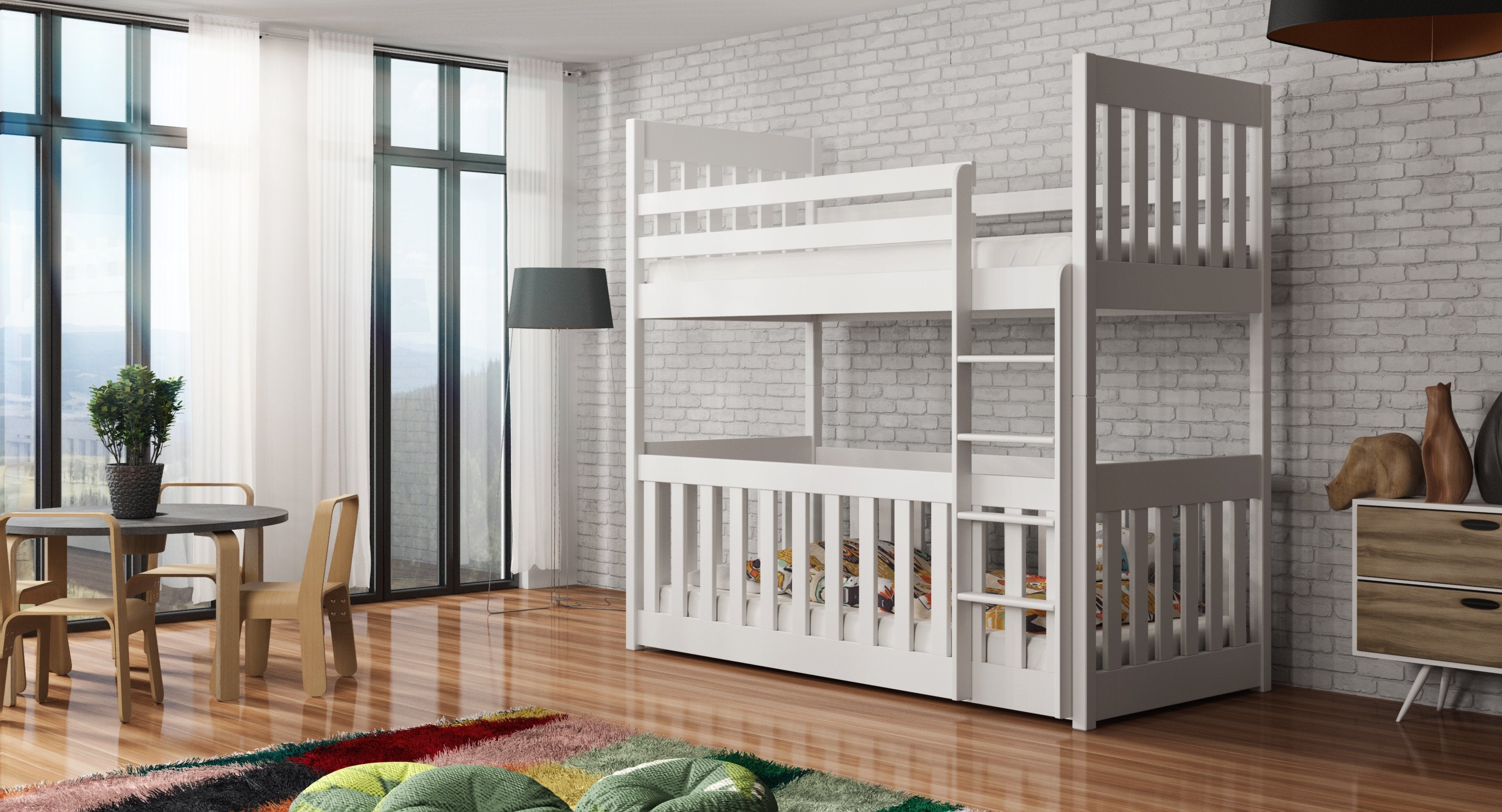 Solid Pine Bunk Bed with Toddler Cot White Matt Foam Mattresses