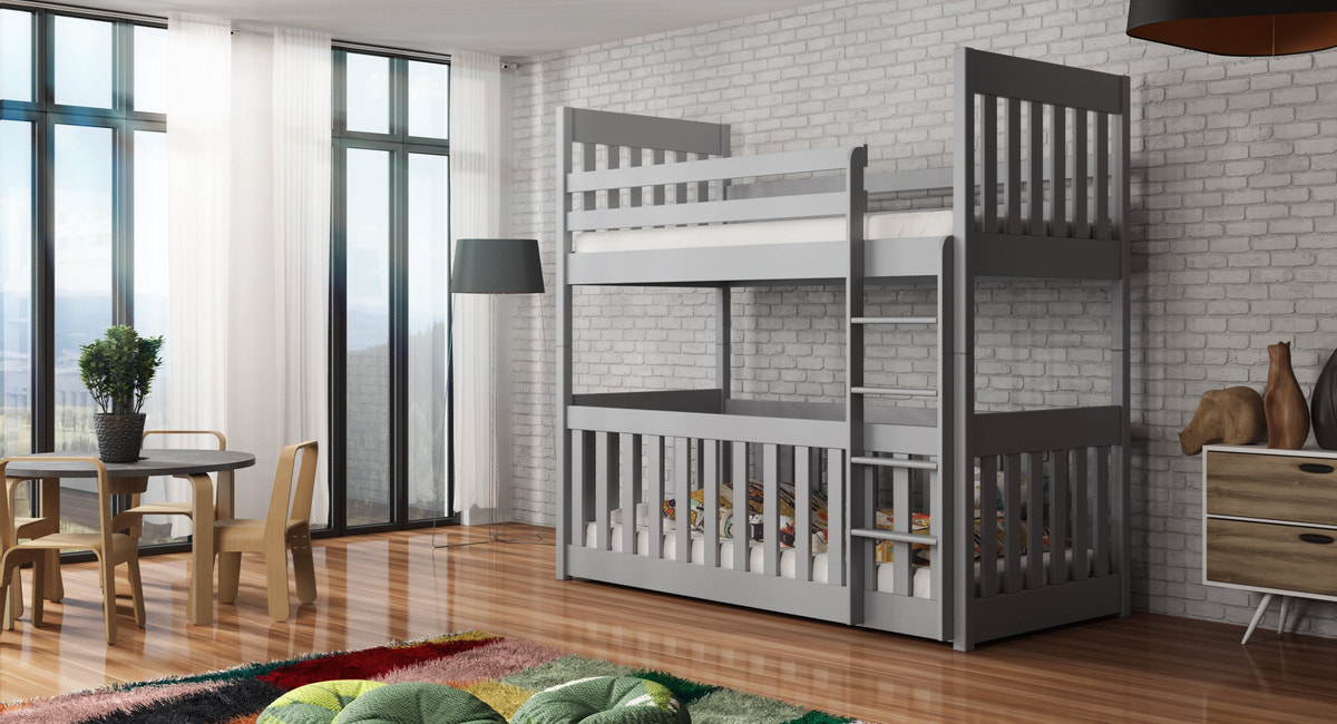 Solid Pine Bunk Bed with Toddler Cot Grey Matt Foam Mattresses