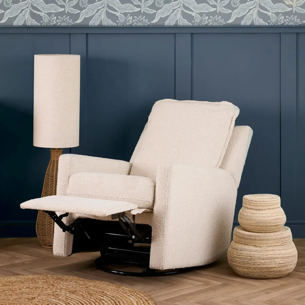 Nursery Glider Recliner Chair Bouclé – 360° Swivel | Reclining Nursing Chair for Breastfeeding