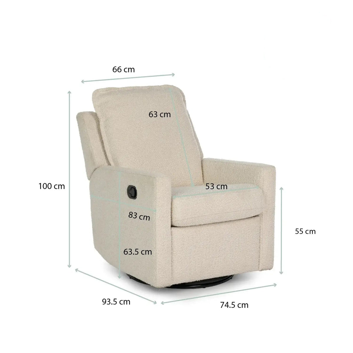 Obaby Denver swivel glider recliner chair in Bouclé, dimension diagram