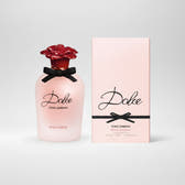 Dolce Roma Rosa Excelsa Eau de Parfum bottle with a pink body, red rose cap, and black ribbon, shown next to its light pink packaging box.