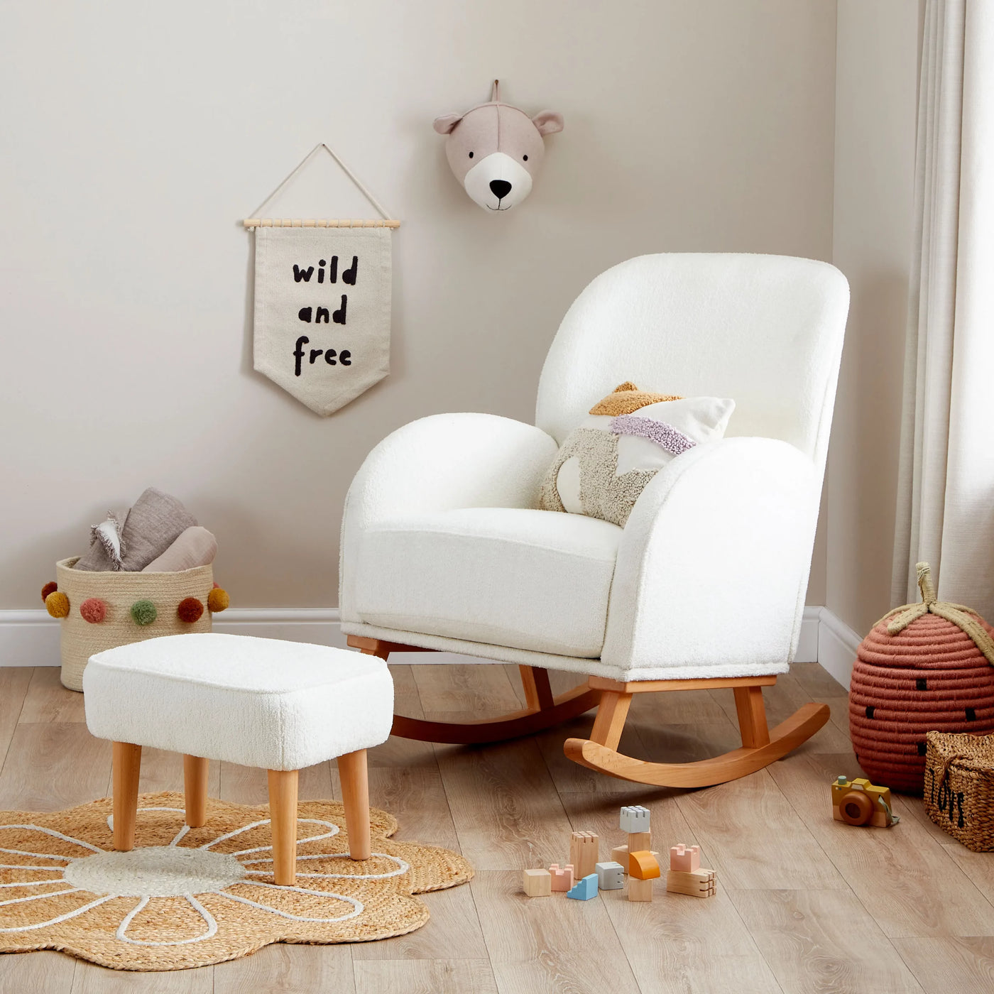 Freya Nursing Chair & Footstool | Ergonomic Curved Back Nursery Chair with Foam Cushions Off White Bouclé