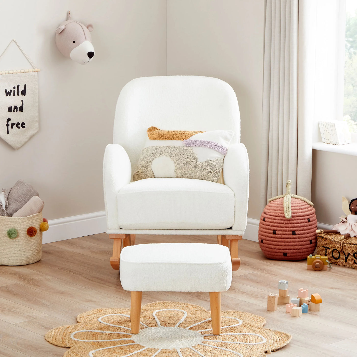 Ida Nursing Chair & Footstool | Fabric Upholstery with Side Storage Pockets & Beech Wood Frame