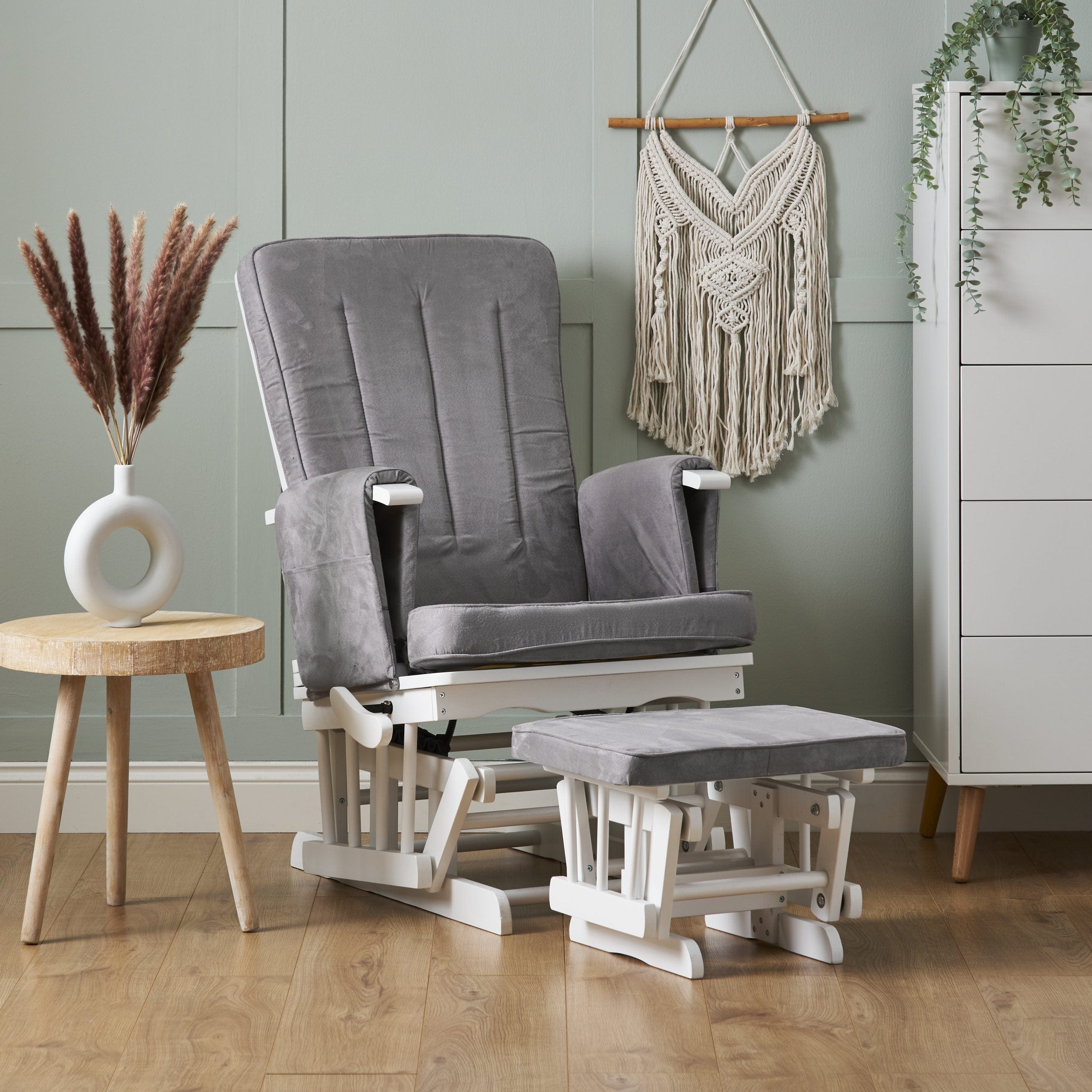 Deluxe Nursing Glider Chair & Footstool Set – Grey | 7-Position Recliner with Armrest Pockets