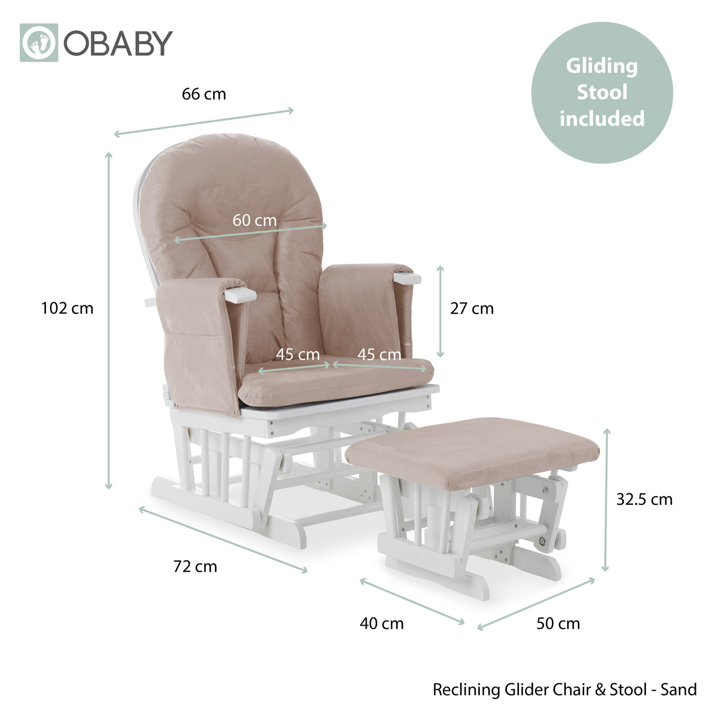 Nursing Glider Chair & Footstool Set – Sand | 7-Position Reclining Glider Chair for Nursery