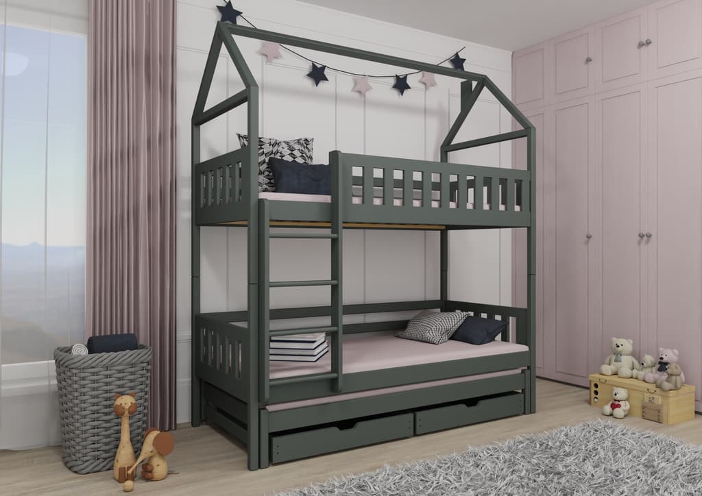 Solid Pine Bunk Bed with Trundle & Storage – Single 3ft 90x190cm | Triple Sleeper Kids Bed Graphite