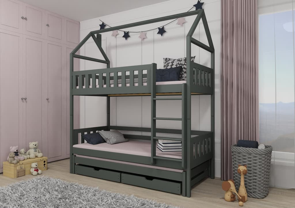 Solid Pine Bunk Bed with Trundle & Storage – Single 3ft 90x190cm | Triple Sleeper Kids Bed Graphite Foam Mattresses