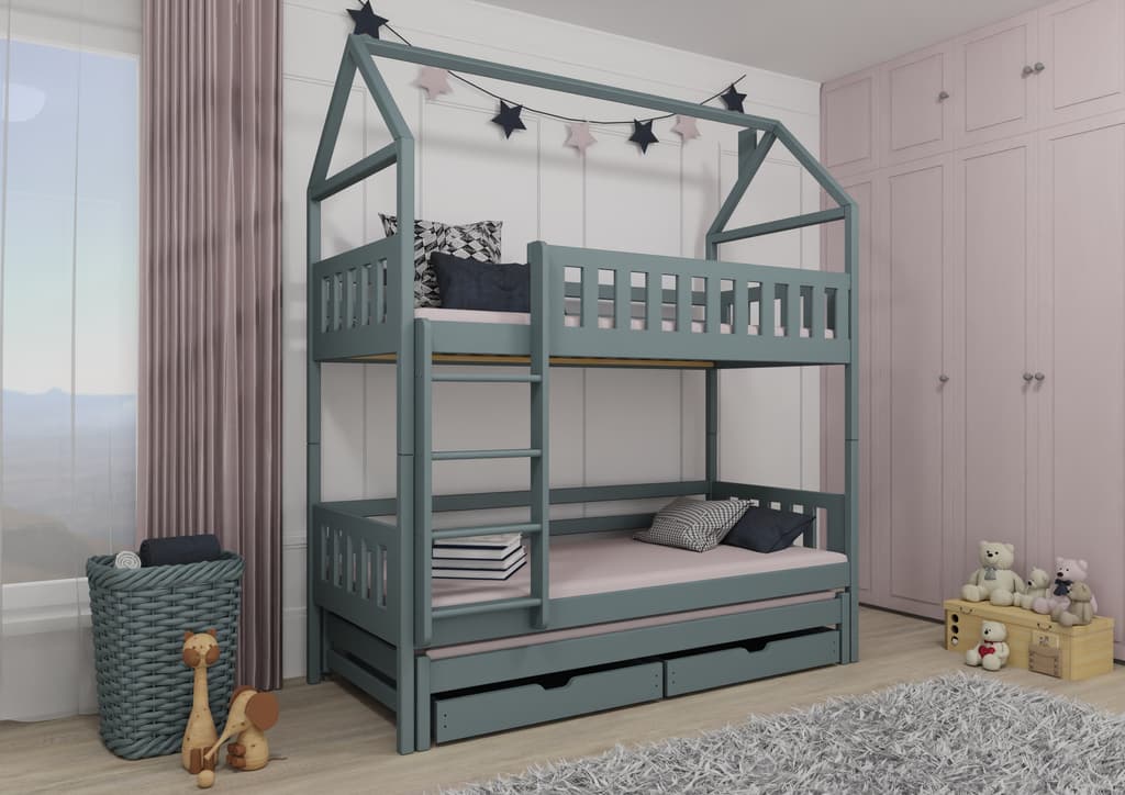 Solid Pine Bunk Bed with Trundle & Storage – Single 3ft 90x190cm | Triple Sleeper Kids Bed Grey
