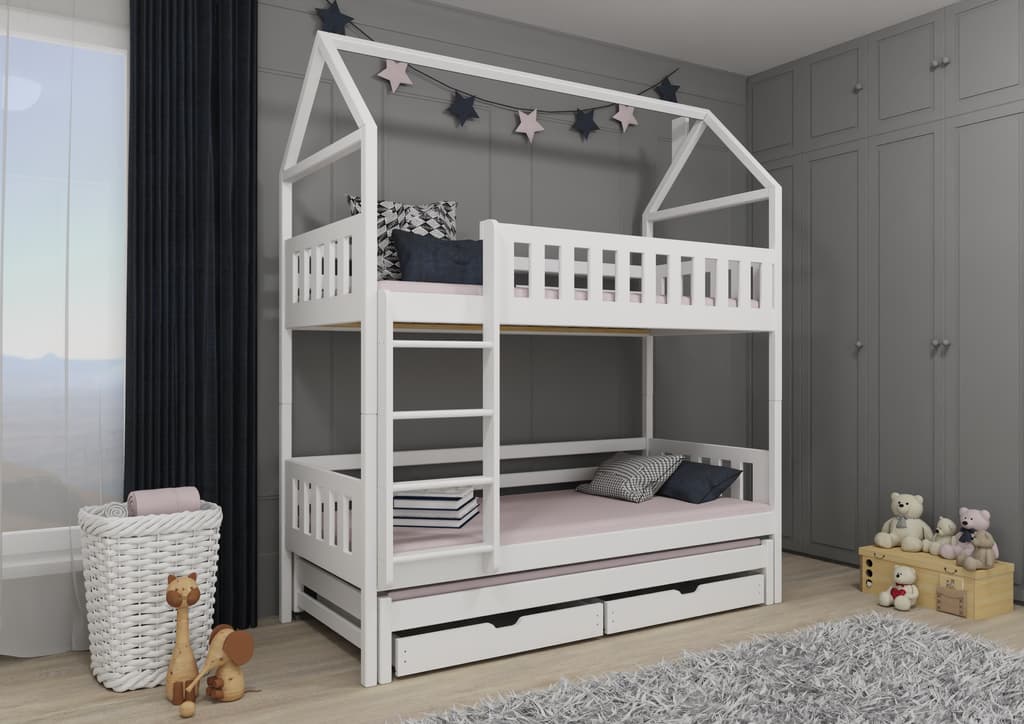 Solid Pine Bunk Bed with Trundle & Storage – Single 3ft 90x190cm | Triple Sleeper Kids Bed White