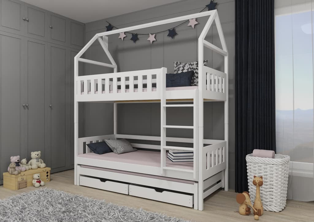 Solid Pine Bunk Bed with Trundle & Storage – Single 3ft 90x190cm | Triple Sleeper Kids Bed White Foam Mattresses