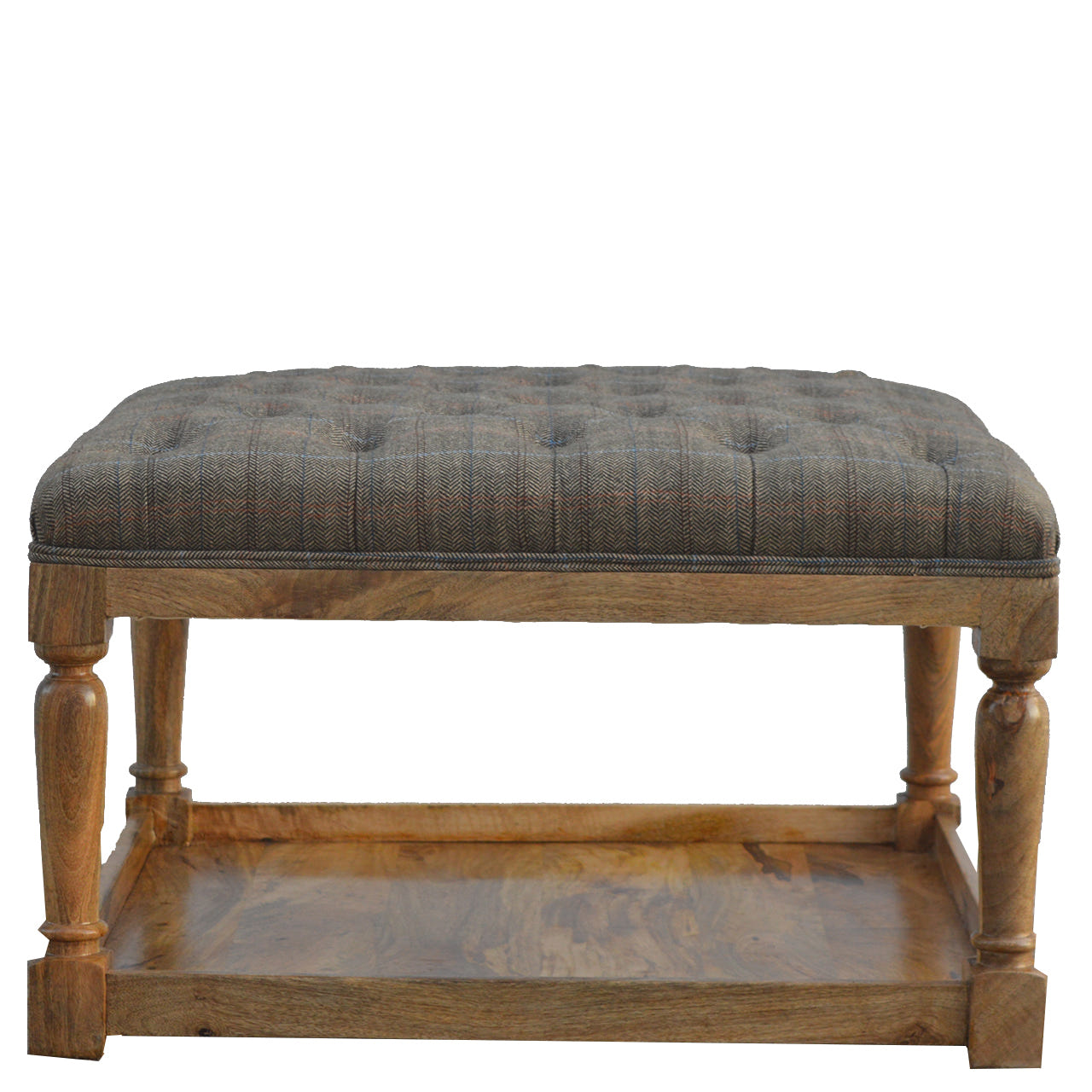 Multi Tweed Footstool with Shelf | Oak-Ish