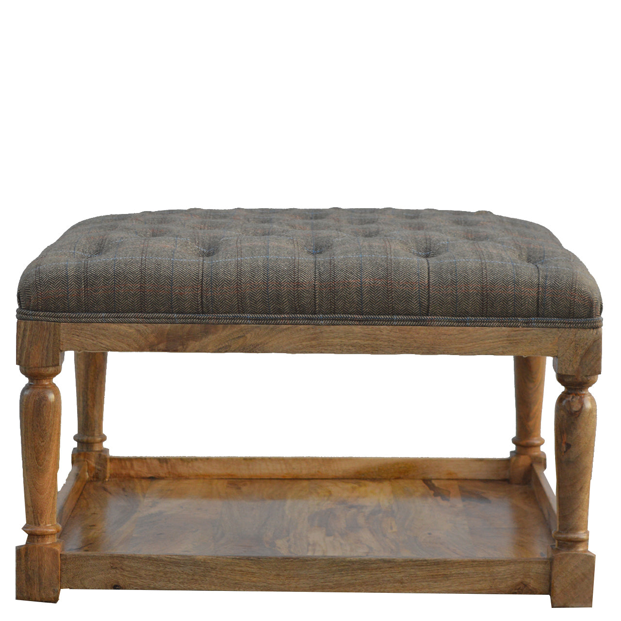 Multi Tweed Footstool with Shelf | Oak-Ish