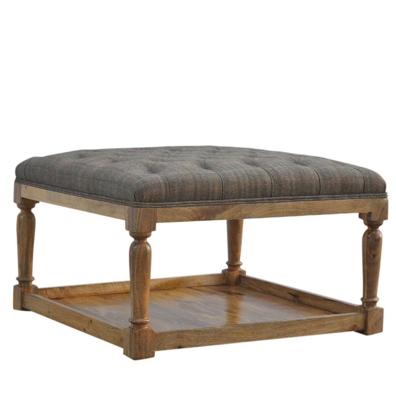 Multi Tweed Footstool with Shelf | Oak-Ish
