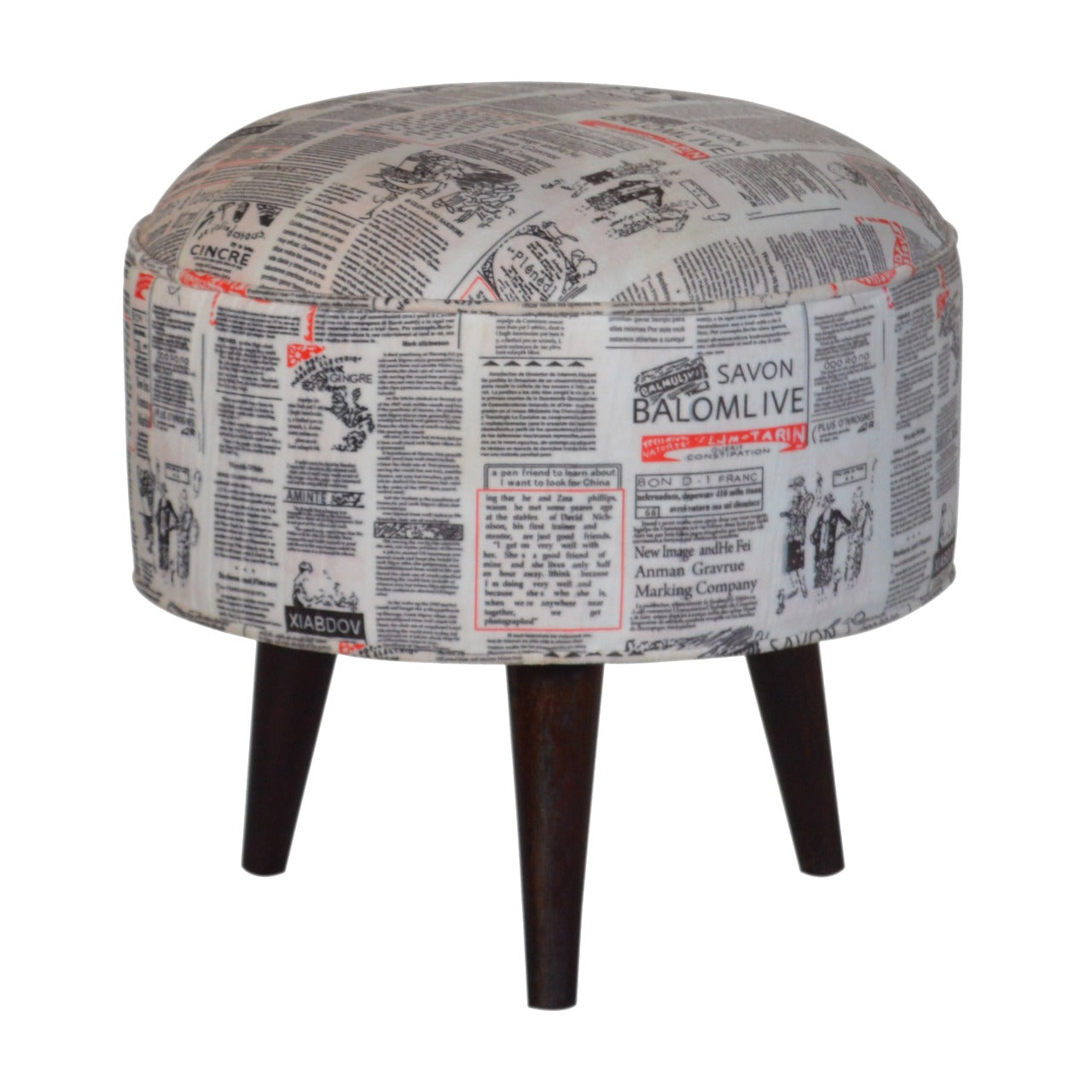 IN1018 - Round Footstool with News Print Velvet
