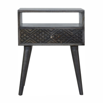 Ash Black Carved Drawer Bedside Table | Hand-Carved