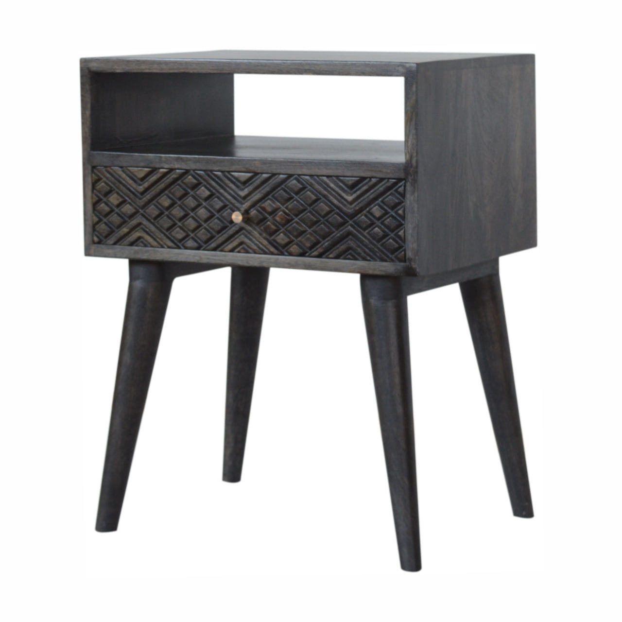 Ash Black Carved Drawer Bedside Table | Hand-Carved