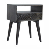 Ash Black Carved Drawer Bedside Table | Hand-Carved