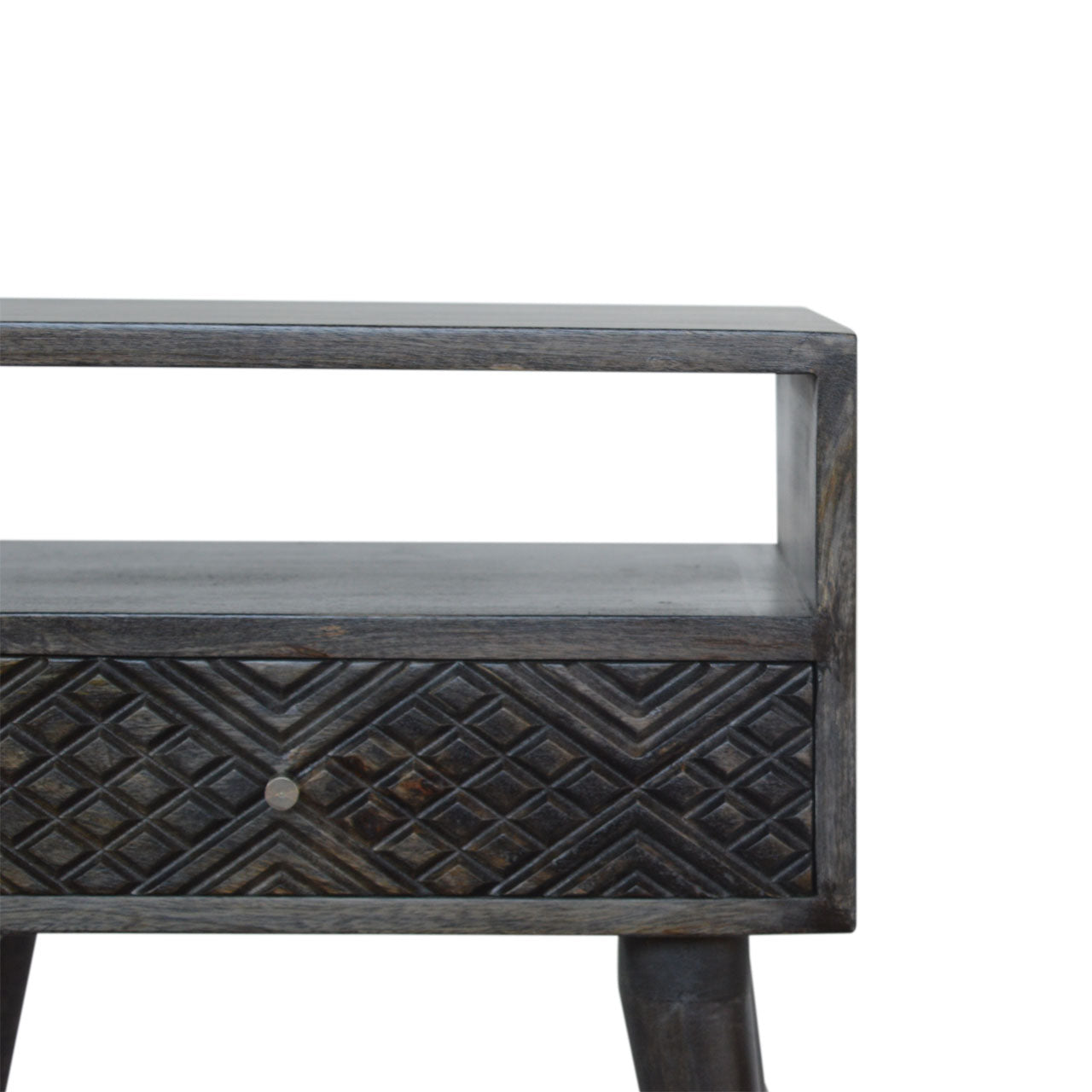 Ash Black Carved Drawer Bedside Table | Hand-Carved