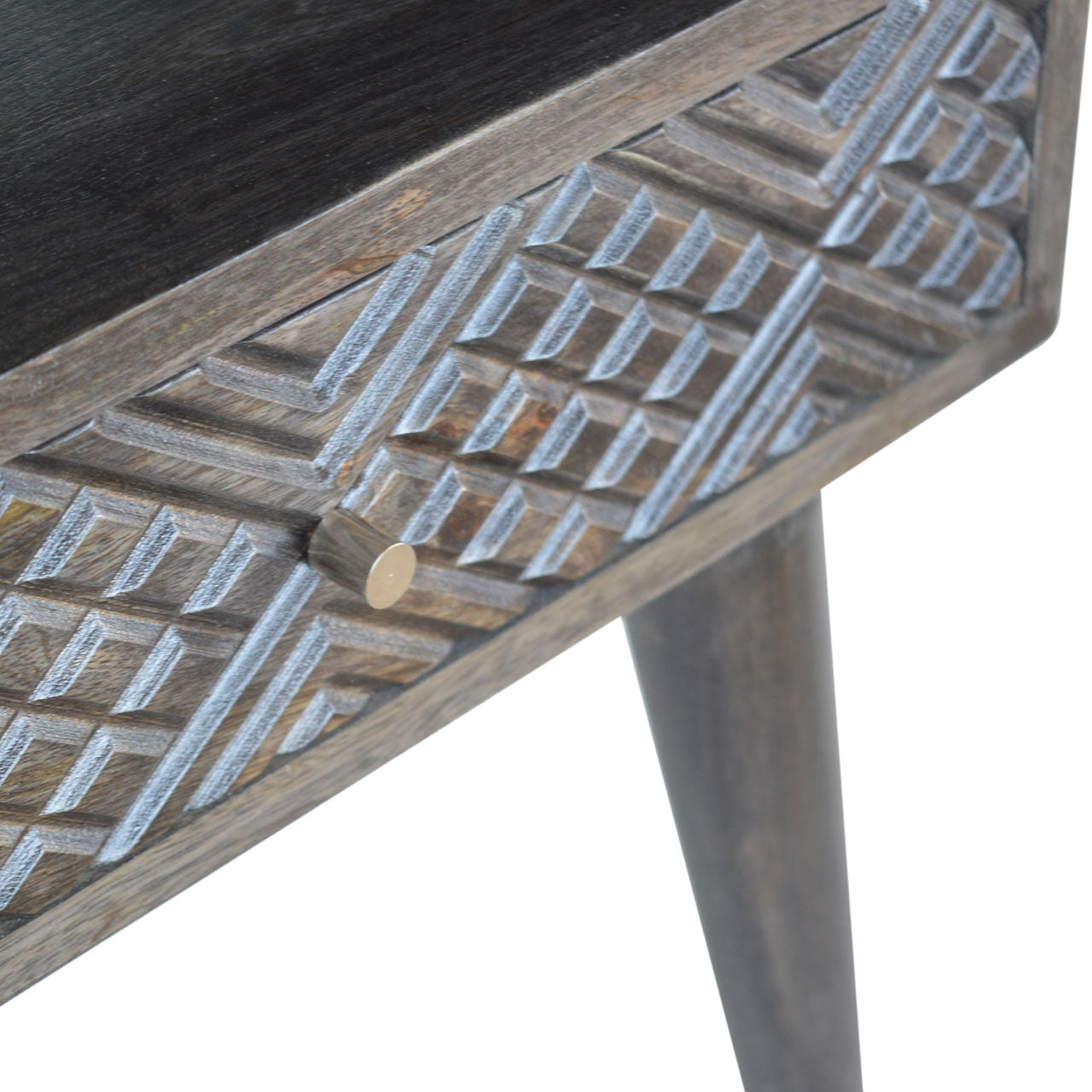 Ash Black Carved Drawer Bedside Table | Hand-Carved