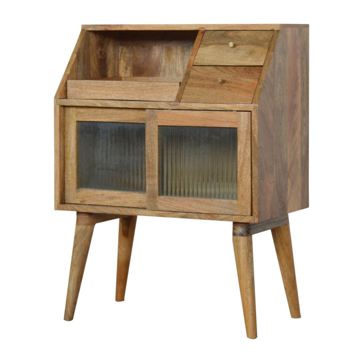 Multi Drawer Glass Bedside Table | Oak-Ish Solid Mango Wood