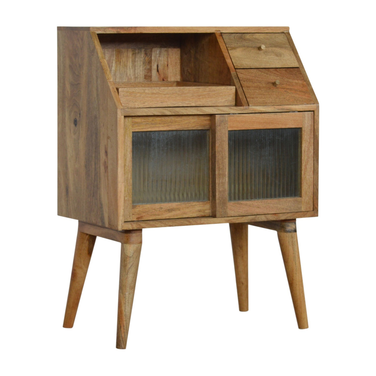 Multi Drawer Glass Bedside Table | Oak-Ish Solid Mango Wood