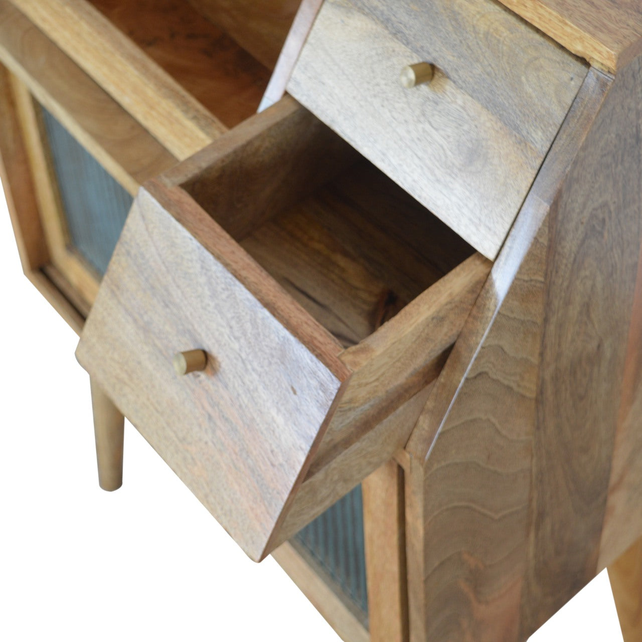 Multi Drawer Glass Bedside Table | Oak-Ish Solid Mango Wood