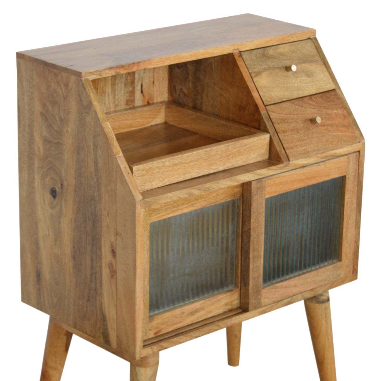 Multi Drawer Glass Bedside Table | Oak-Ish Solid Mango Wood