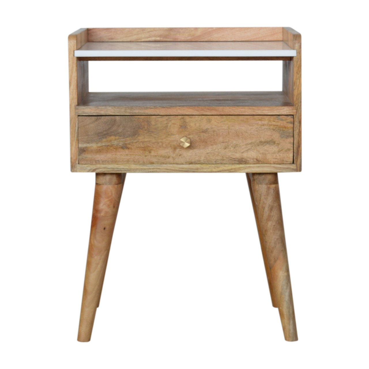 Open Slot Bedside with White Top Bedside Table | Oak-Ish Solid Mango Wood