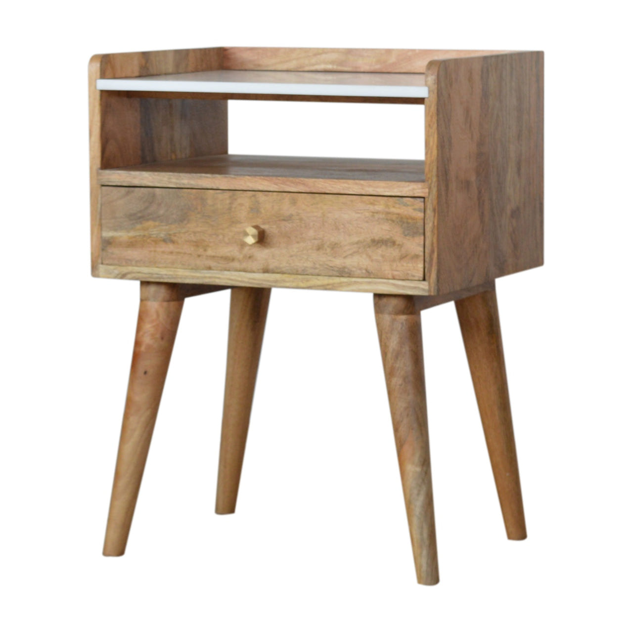 Open Slot Bedside with White Top Bedside Table | Oak-Ish Solid Mango Wood