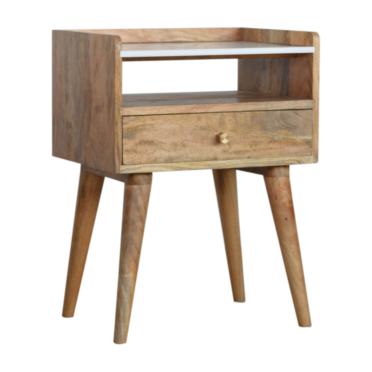 Open Slot Bedside with White Top Bedside Table | Oak-Ish Solid Mango Wood