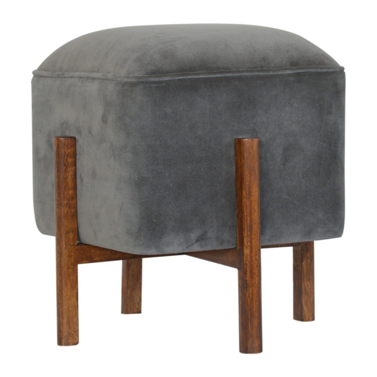 Solid Wood Grey Velvet Footstool | Cotton Velvet