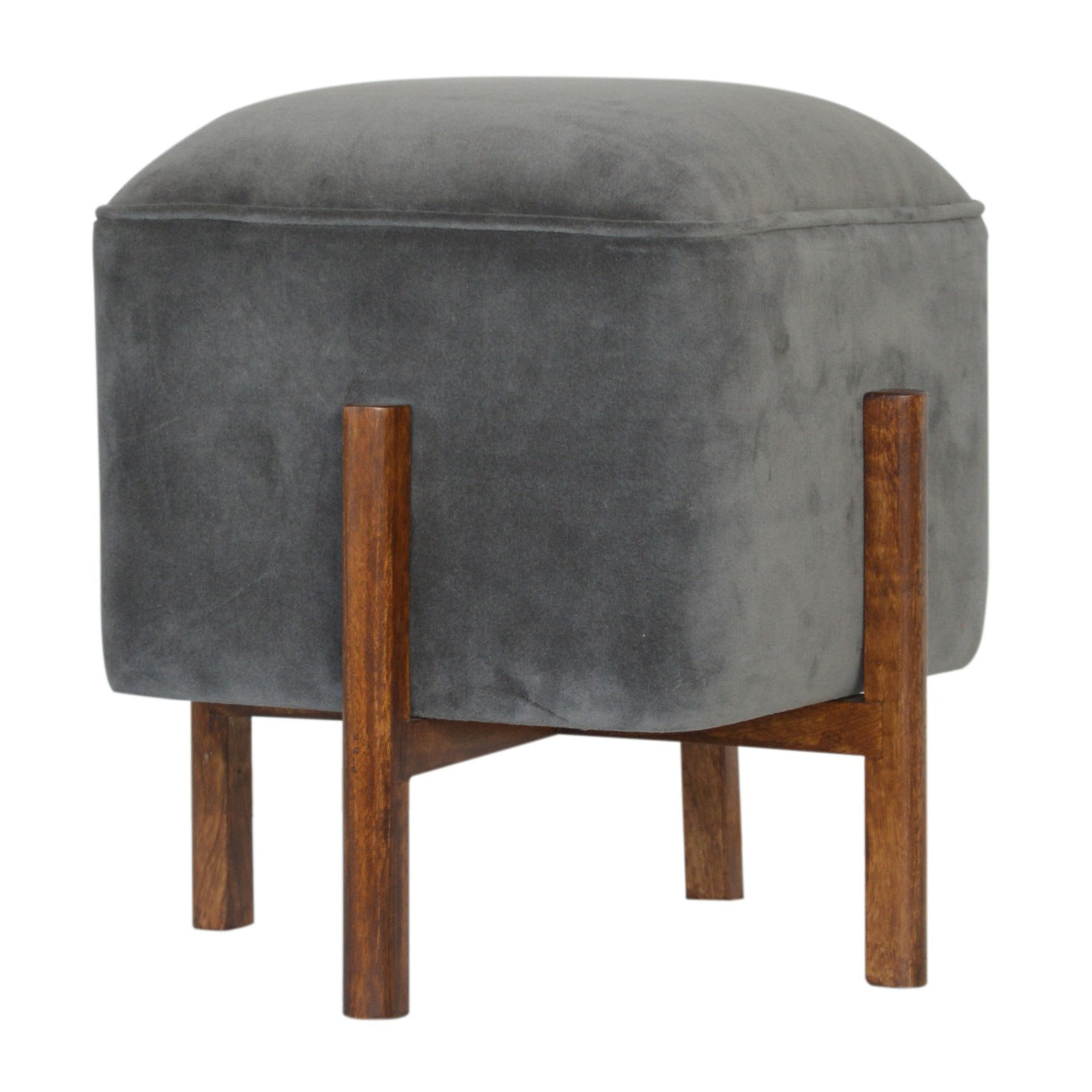 Solid Wood Grey Velvet Footstool | Cotton Velvet