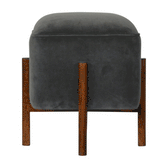 Solid Wood Grey Velvet Footstool | Cotton Velvet