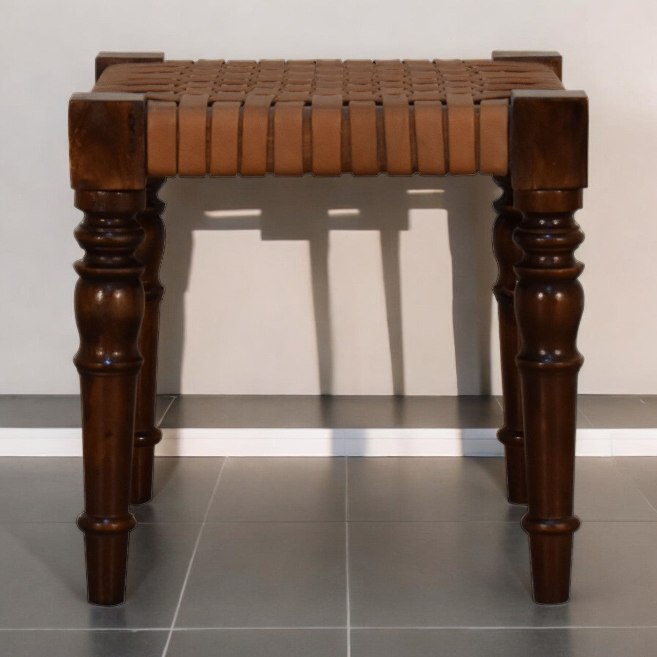 Woven Leather Footstool | Chestnut Solid Mango Wood