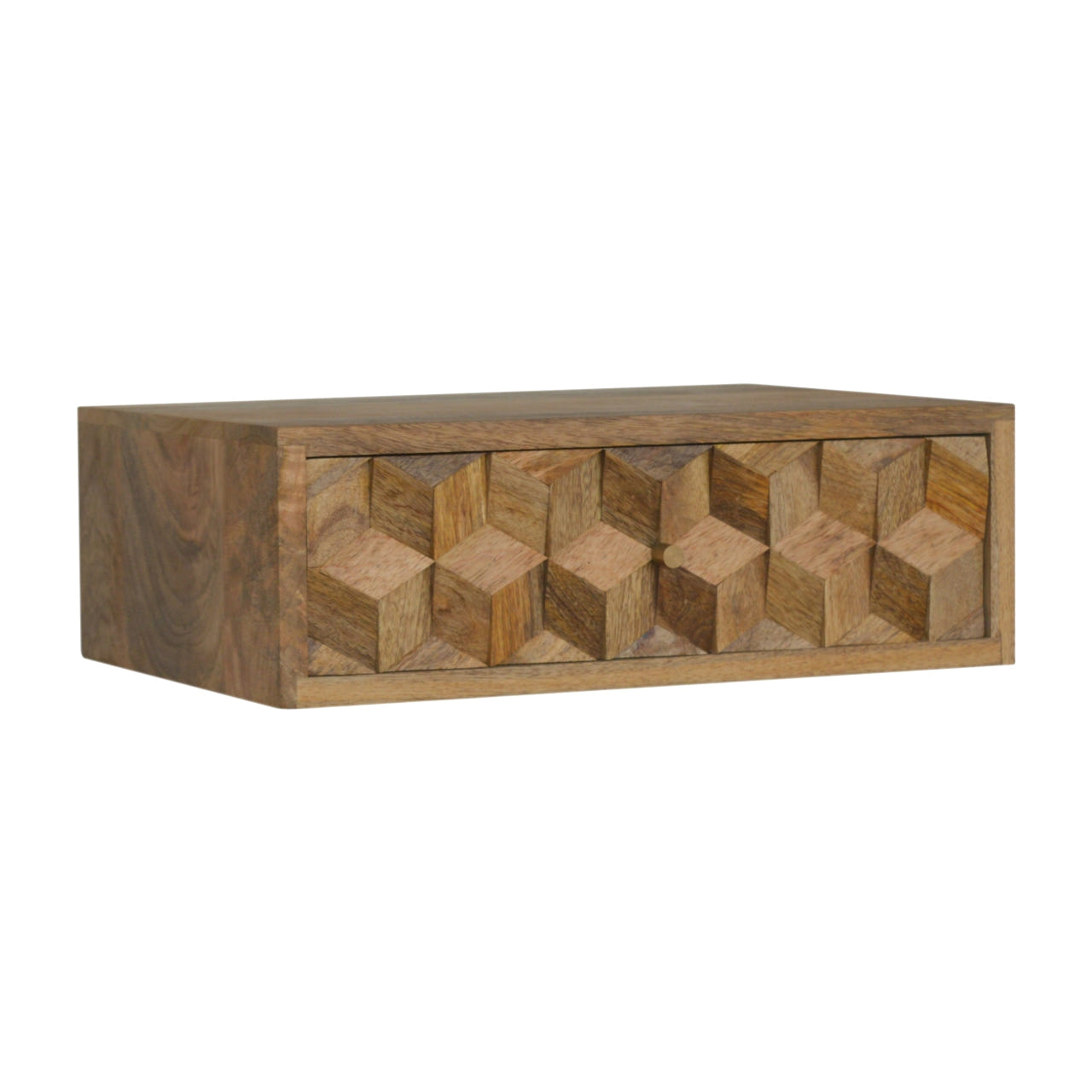 Floating Cube Carved Bedside Table | Oak-Ish Mango Wood Hand-Carved