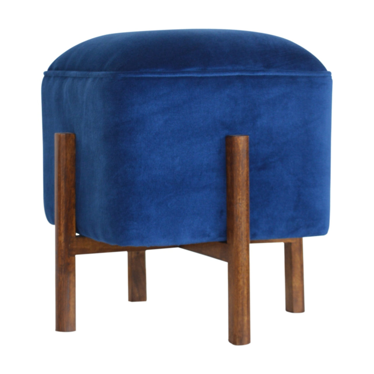 Solid Wood Royal Blue Velvet Footstool | Chestnut Cotton Velvet