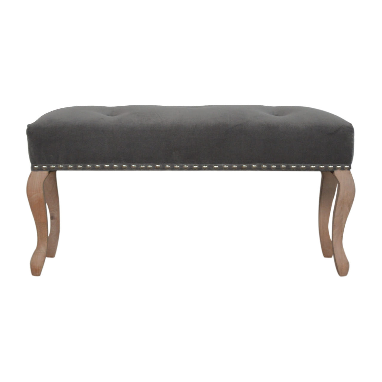 French Style Grey Velvet Bench | Cotton Velvet Hand-Carved